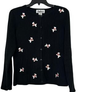 Ámbra Vtg Black Scottie Dog Holiday Button Down Cardigan Sweater SP Novelty